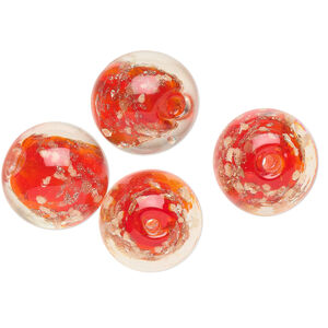 Bead, lampworked glass, clear / red / glow-in-the-dark / gold, 14mm round. Sold per pkg of 4.