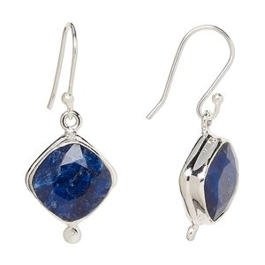 Earring, Create Compliments&reg;, blue sapphire (dyed) and sterling silver, 33mm with diamond and fishhook ear wire, 21 gauge. Sold per pair.