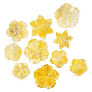 Focal and component mix, mother-of-pearl shell (dyed) 1pkg10, orange and yellow, 24-35mm hand-carved flower.