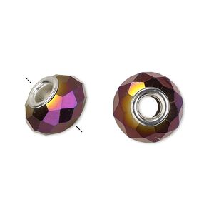 Bead 1pkg6 silver-plated, 14x9mm faceted rondelle, brass / glass / metallic dark purple Dione&reg;