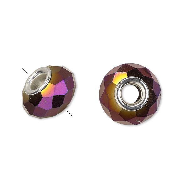 Bead 1pkg6 silver-plated, 14x9mm faceted rondelle, brass / glass / metallic dark purple Dione&reg; image number 0