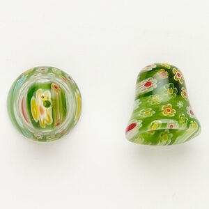 Cord end 1pkg2 millefiori glass, 17-18mm bell / 10.5-10.8mm inside diameter, translucent & transparent multicolored