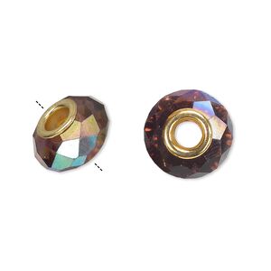 Bead 1pkg1 gold-finished, 13x9mm-14x10mm faceted rondelle, brass / glass / medium purple AB Dione&reg;