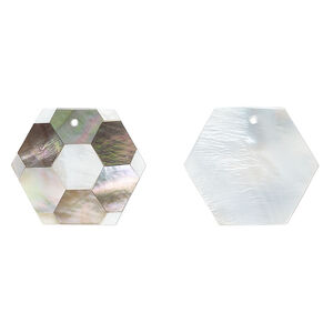 Component, black lip shell / mother-of-pearl shell / resin (assembled) 1pkg2, 24x21mm-25x22mm top-drilled 1sided flat hexagon with honeycomb pattern.