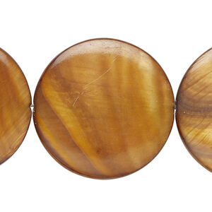 Mother-of-pearl shell 1pkg1, puffed flat round bead 15 inch dark golden brown 29-30mm