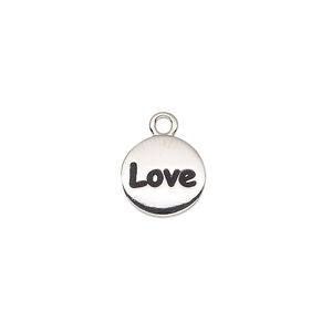 Drop, enamel and imitation rhodium-plated "pewter" (zinc-based alloy), black, 11mm single-sided round with "Love". Sold individually.