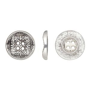 Button, antiqued silver-finished "pewter" (zinc-based alloy), 15mm single-sided wavy flat round with textured square design. Sold per pkg of 20.