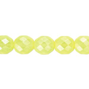 Bead, Czech fire-polished dipped d&eacute;cor glass, pearlescent light yellow, 10mm faceted round. Sold per 15-1/2" to 16" strand.