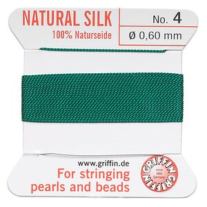 Thread, Griffin, silk, green, size #4. Sold per 2-meter card (approximately 78 inches).