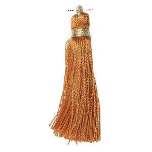 Tassel, silk (imitation) and gold-finished copper, brown, 1-3/4 to 2 inches. Sold per pkg of 12.