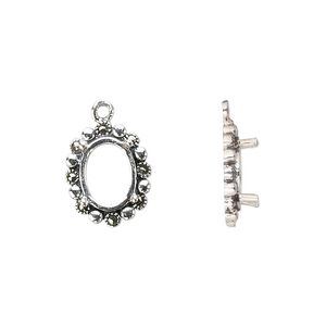 Drop, marcasite (natural) and sterling silver, 14x12mm oval with 10x8mm 4-prong oval setting. Sold individually.