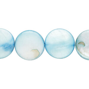Mother-of-pearl shell 1pkg1, puffed flat round bead 15 inch light blue 14-15mm