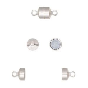 Clasp magnetic 1pkg100, 7x6mm barrel, silver-finished brass 1-strand