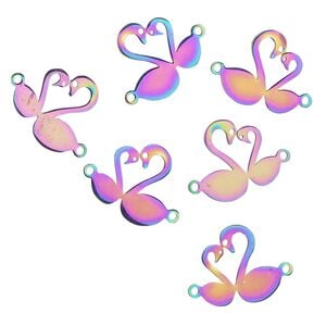 Link, electro-coated stainless steel, rainbow, 16x15.5mm double-sided swans. Sold per pkg of 6.