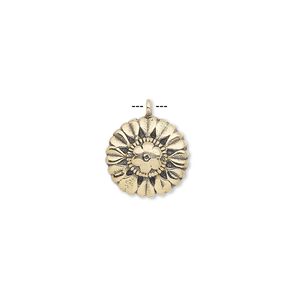 Drop, antiqued brass, 12.5mm single-sided round with heart and flower design. Sold individually.