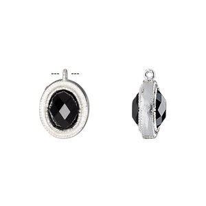 Drop, black onyx (dyed) and sterling silver, 13x11mm double-sided faceted oval. Sold individually.