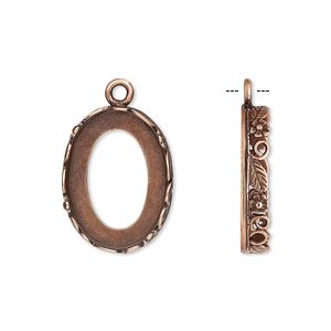 Drop, JBB Findings, antique copper-plated brass, 20x15mm oval with open back and flower and leaf design trim, 18x13mm oval bezel setting. Sold per pkg of 2.