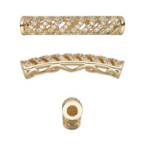 Bead 1pkg1 gold-finished, 31x6mm curved tube / fancy cutout, brass / clear cubic zirconia
