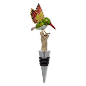 Bottle stopper, cloisonn&eacute;, acrylic / rubber / silver-plated "pewter" (zinc-based alloy), multicolored, 6x1-1/4 inches with 61x40mm hummingbird on branch. Sold individually.