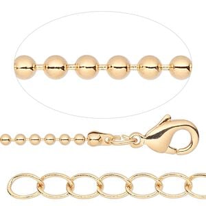 Chain, gold-finished brass, 1.5mm ball, 36 inches with 1-inch extender chain and lobster claw clasp. Sold per pkg of 2.