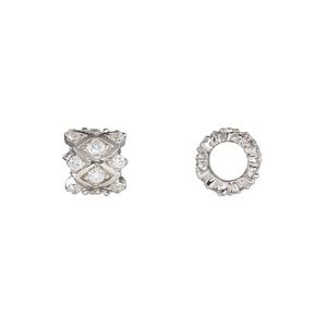 Bead 1pkg1 rhodium-plated sterling silver, 9x8mm fancy tube / diamond, clear cubic zirconia