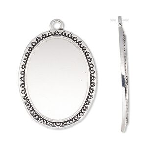 Focal, antique silver-finished "pewter" (zinc-based alloy), 31x24mm oval with beaded and triangle edge with 25x18mm oval setting. Sold per pkg of 6.