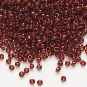 Seed bead, Miyuki, glass, pkg/50g, #8 rocaille, translucent gold luster garnet (RR-315).