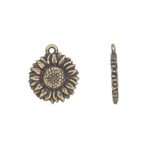 Charm, TierraCast&reg;, antique brass-plated pewter (tin-based alloy), 15mm double-sided sunflower. Sold per pkg of 20.