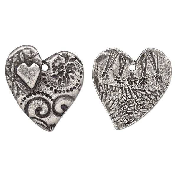 Charm, TierraCast&reg;, "Vida Mas Dulce" collection, antiqued pewter (tin-based alloy), 24x23mm two-sided heart with amor design. Sold per pkg of 2. image number 0