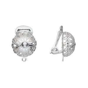 Earring clip-on 1pkg100 silver-plated, 15mm / 12mm filigree half-ball / closed loop, brass 50 pair