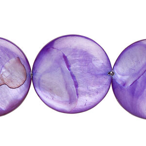Mother-of-pearl shell 1pkg1, puffed flat round bead 15 inch royal purple 25mm