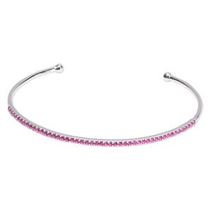 Bracelet, cuff, Create Compliments&reg;, cubic zirconia and rhodium-plated sterling silver, fuchsia, 2mm wide, adjustable from 6-1/2 to 7 inches. Sold individually.