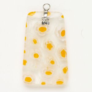 Focal 1pkg1 silver-finished steel and millefiori glass, translucent and transparent clear / white / yellow-orange, 42x26mm-44x28mm puffed trapezoid.