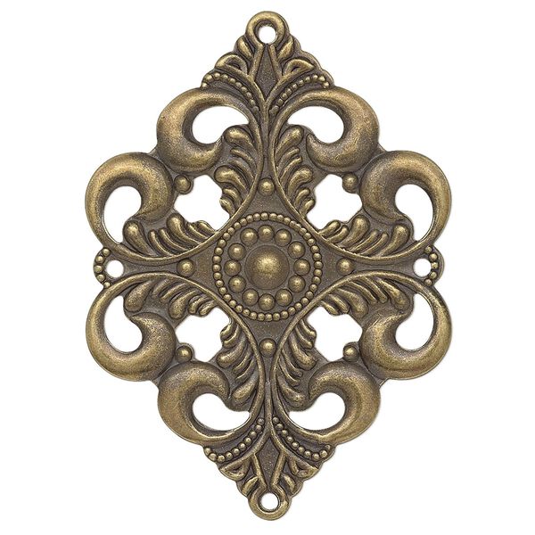 Focal, antique gold-plated steel, 42x30mm single-sided filigree diamond with 4 loops. Sold per pkg of 10. image number 0