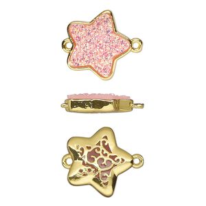 Link, Druzylite&trade;, "druzy" (resin) and gold-finished brass, pink, 15x14mm two-sided star with open filigree back. Sold per pkg of 4.