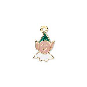 Charm, gold-finished "pewter" (zinc-based alloy) and enamel, green / white / peach, 15x10mm single-sided lucky elf face with glitter hat. Sold per pkg of 2.