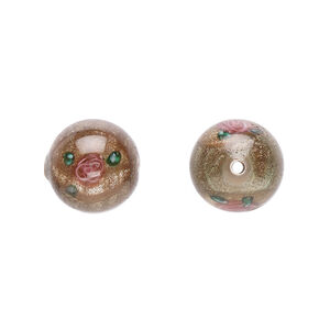 Bead, Czech lampworked glass, opaque brown / pink / green, 12-13mm round with flower design. Sold per pkg of 4.