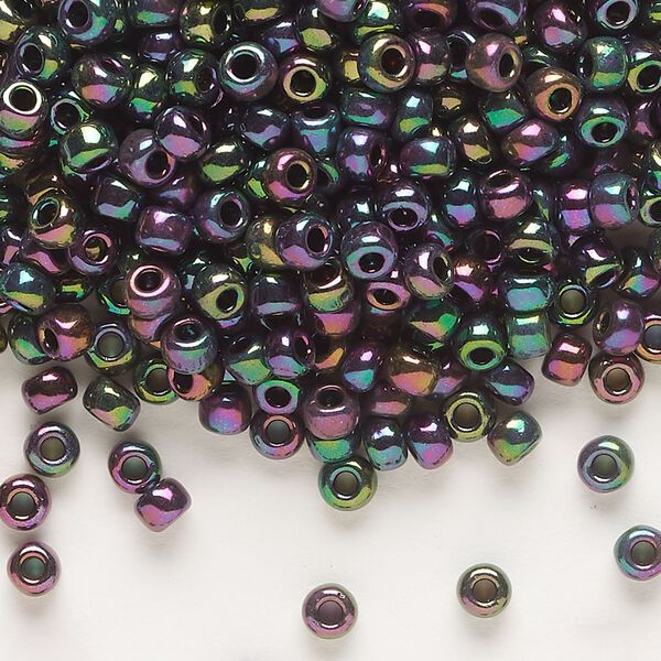 Seed bead, Dyna-Mites&trade;, glass, opaque iris multi-rainbow, #6 round. Sold per 40-gram pkg. image number 0