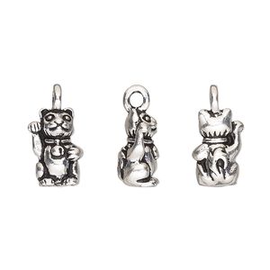 Charm, TierraCast&reg;, "Happy Go Lucky" collection, antique silver-plated pewter (tin-based alloy), 13x8mm 3D beckoning cat. Sold per pkg of 2.