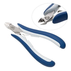 Pliers, Teborg&reg;, flush-cutter, steel / stainless steel / plastic, grey / white / blue, 5 inches. Sold individually.