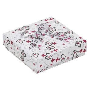 Gift box, cardboard / paper / leatherette / polyester / steel, multicolored, 3-1/2 x 3-1/2 x 1-inch square with flower design and bow. Sold per pkg of 12.