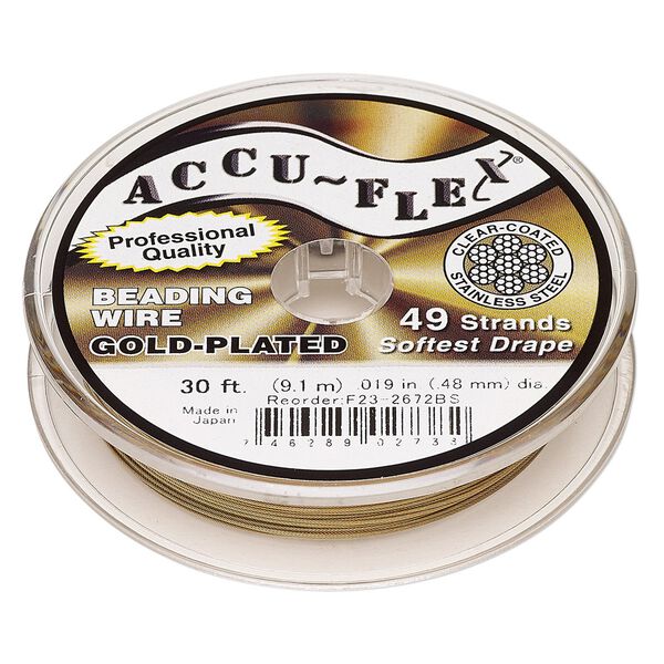 Beading wire, Accu-Flex&reg;, nylon and 24Kt gold-plated stainless steel, clear, 49 strand, 0.019-inch diameter. Sold per 30-foot spool. image number 0