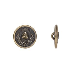 Button, TierraCast&reg;, antique brass-plated pewter (tin-based alloy), 14.5mm round with thistle design. Sold per pkg of 2.