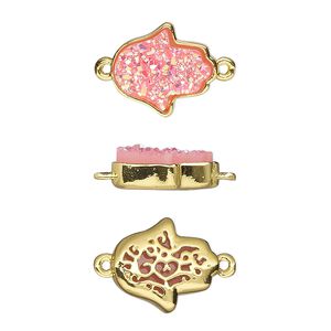 Link, Druzylite&trade;, "druzy" (resin) and gold-finished brass, pink, 14x12.5mm two-sided Hamsa hand with open filigree back. Sold per pkg of 4.