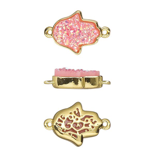 Link, Druzylite&trade;, "druzy" (resin) and gold-finished brass, pink, 14x12.5mm two-sided Hamsa hand with open filigree back. Sold per pkg of 4. image number 0