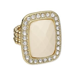 Ring, stretch, acrylic / glass rhinestone / gold-finished "pewter" (zinc-based alloy), cream and clear, 30x25mm rectangle, size 7. Sold individually.