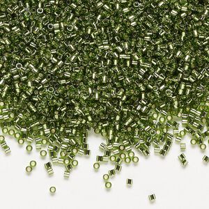 Seed bead, Delica&reg;, glass, pkg/7.5g, #15 round, transparent silver-lined olive green (DBS-1207).