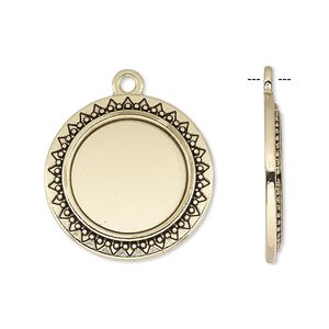 Drop, antique gold-finished "pewter" (zinc-based alloy), 23mm round with beaded and triangle edge with 16mm round setting. Sold per pkg of 6.