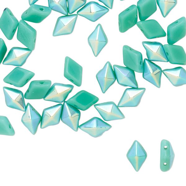 Bead, DiamonDuo&trade;, Czech pressed glass, opaque green turquoise AB, 8x5mm faceted diamond with flat back and (2) 0.7-0.8mm holes. Sold per 50-gram pkg, approximately 350 beads. image number 0