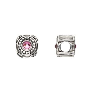 Bead 1pkg1 silver-plated pewter, 10mm round / 2sided, rose crystal / antique Dione&reg;